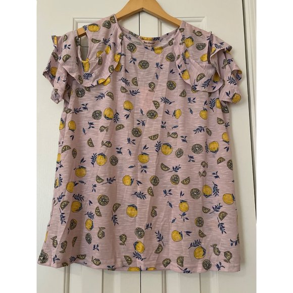 Women's Juicy Couture Top, Cold Shoulder Summerpink w/ lemons ruffle sleeves 2XL - Picture 3 of 7